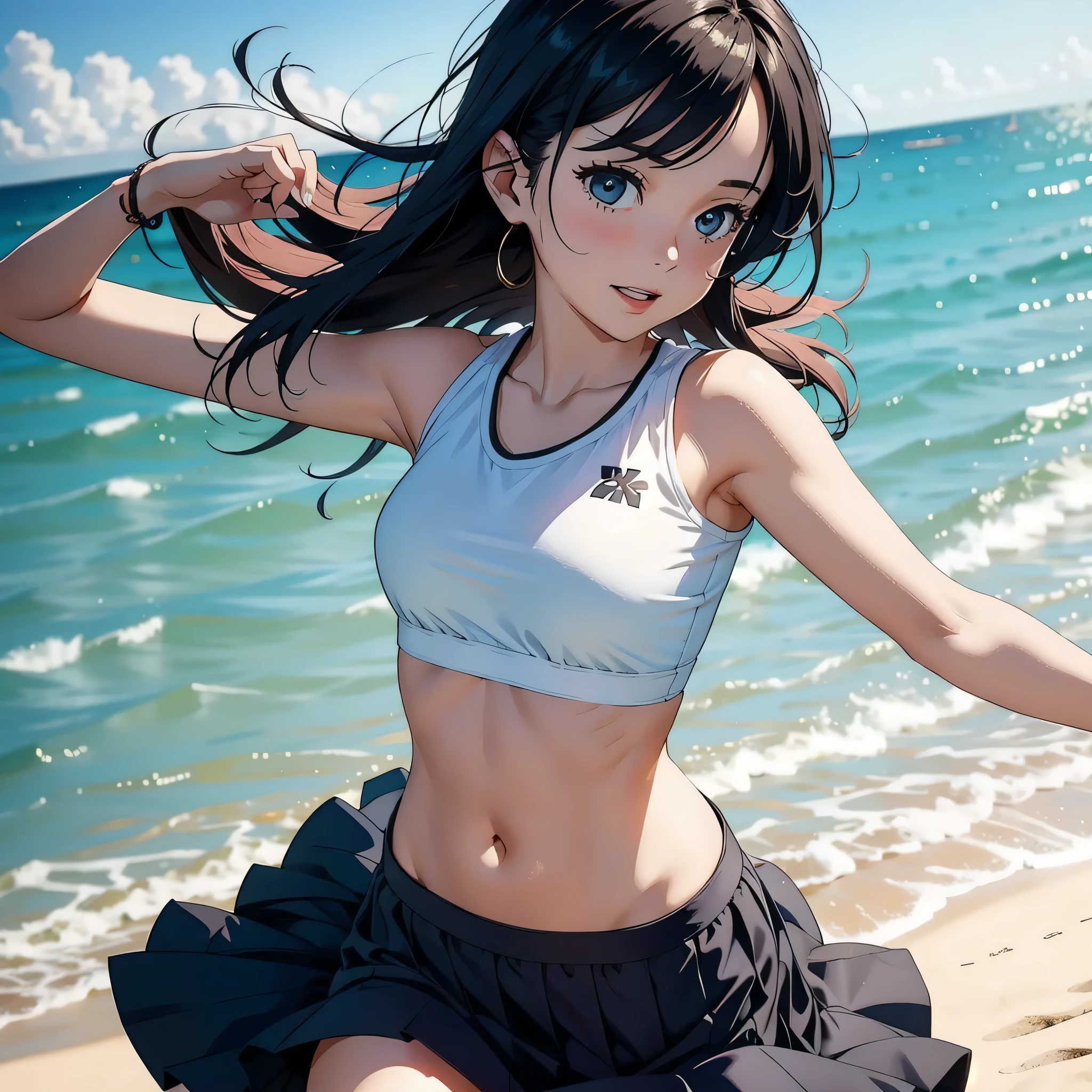 1girl, solo, white polo shirt, white sneakers, tennis wear, white miniskirt, masterpiece, best quality, realistic, hyper-detailed, (shiny skin, sweaty:1.4), absurd, looking at viewer, short black hair, brown eyes, slender, dynamic lighting, high resolution, sharp focus, depth of field, detailed eyes, sharp pupils, realistic pupils, (small breasts:1.6), (thick thighs:1.0), outdoor, sky