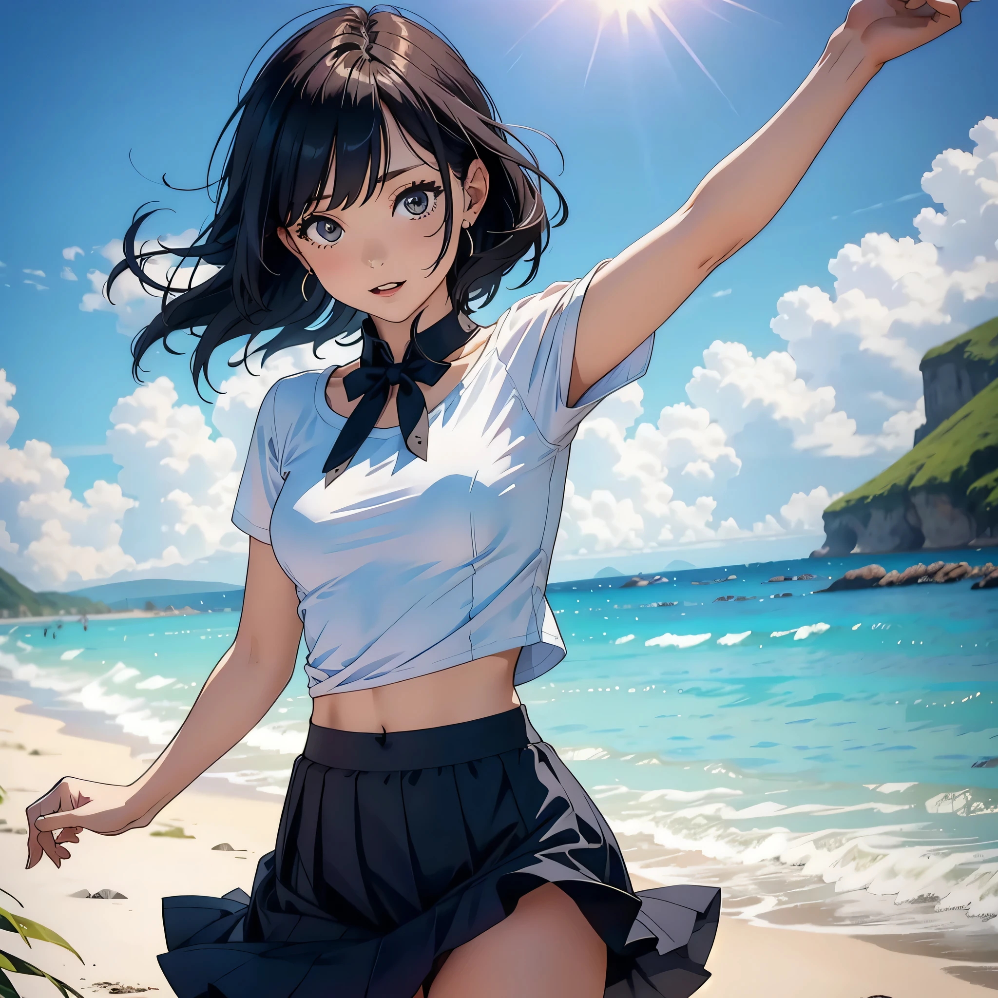 reasonable design, Clear lines, High Sharpness, (highest quality,8K,Perfect sharpness,Ultra fine,High resolution,masterpiece:1.2), Perfect Anatomy:1.5, Official Art, Illustrations that tell a story, (Whitish background:0. 9)、Body Positivity、More Mr.Physical expression、(Random and mischievous poses)、Perfect beauty、Perfect beautiful face、Strong winds、A rich expression、Dynamic composition、smile、Golden ratio composition、colorful、(Mr.Different angles and perspectives)、anime art、mini skirt、(Overcoming stereotypes)、 Glowing Skin、(Natural beauty)、smile、bangs、Straight Hair、(Soft and flowing hair)、(Rural Scenery)、(Nostalgic atmosphere)、Insert up to the thighs、(Playful and carefree)、(More Mr.Ethnic characters)、(innocent attitude)、(Sunny atmosphere)、Skirt flipped up、(Bright colors)、Belly button exposed、Beautiful Eyes、A skirt fluttering in the wind、Put it in to your feet、Some composition patterns、Tank top、sensuous、Geometric pattern、、