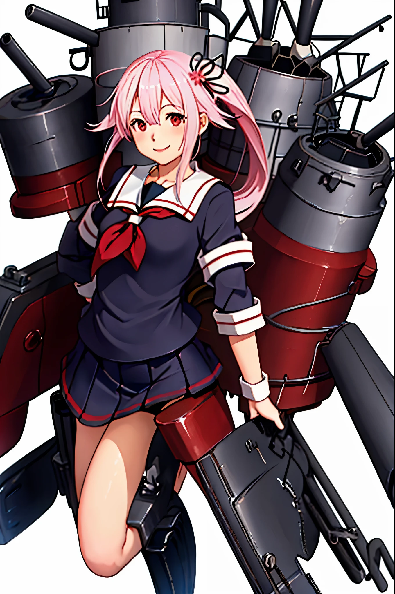 masterpiece, High resolution, 1 girl, (Harusame Kai Ni Kantai Collection:1.15), Red eyes,  smile, Pink Hair, Side Ponytail, Full body view, Slender body, Flat Chest, Small breasts, (White background)