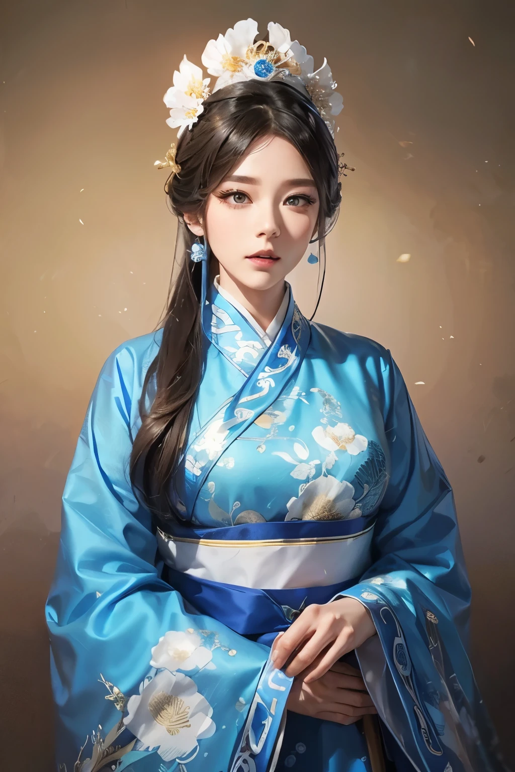 Woman in blue and white dress with flowers in her hair, Hanfu, palace, girl in Hanfu, blue Hanfu, white Hanfu, Ancient Chinese Costume을 입고 있습니다., ((Beautiful Fantasy Queen)), ancient Chinese princess, Chinese style, Traditional Chinese Costume, Ancient Chinese Costume, Beautiful Fantasy Queen, Chinese princess, Traditional beauty,big breasts