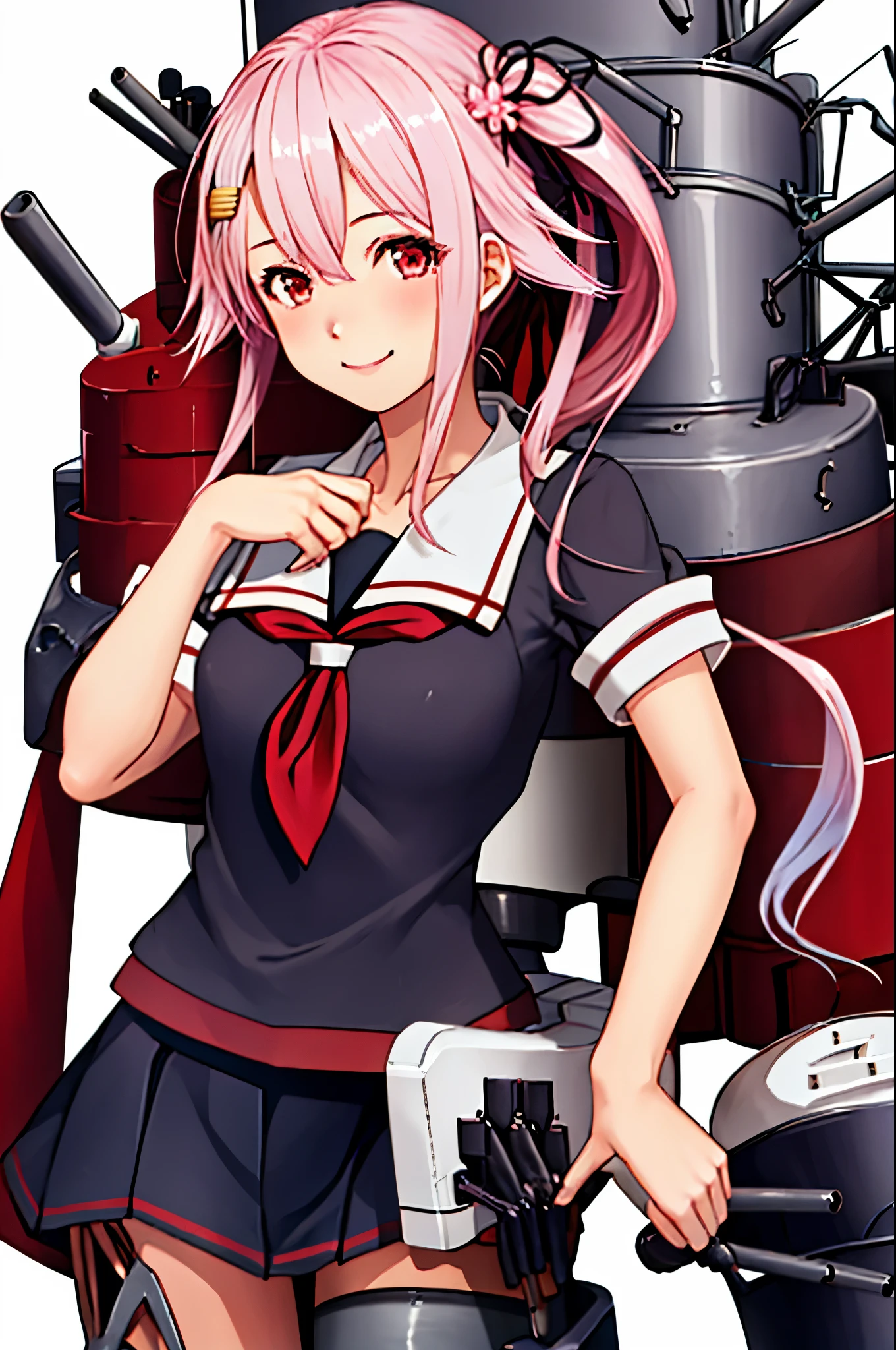 masterpiece, High resolution, 1 girl, (Harusame Kai Ni Kantai Collection:1.15), Red eyes,  smile, Pink Hair, Side Ponytail, Full body view, Slender body, Flat Chest, Small breasts, (White background)