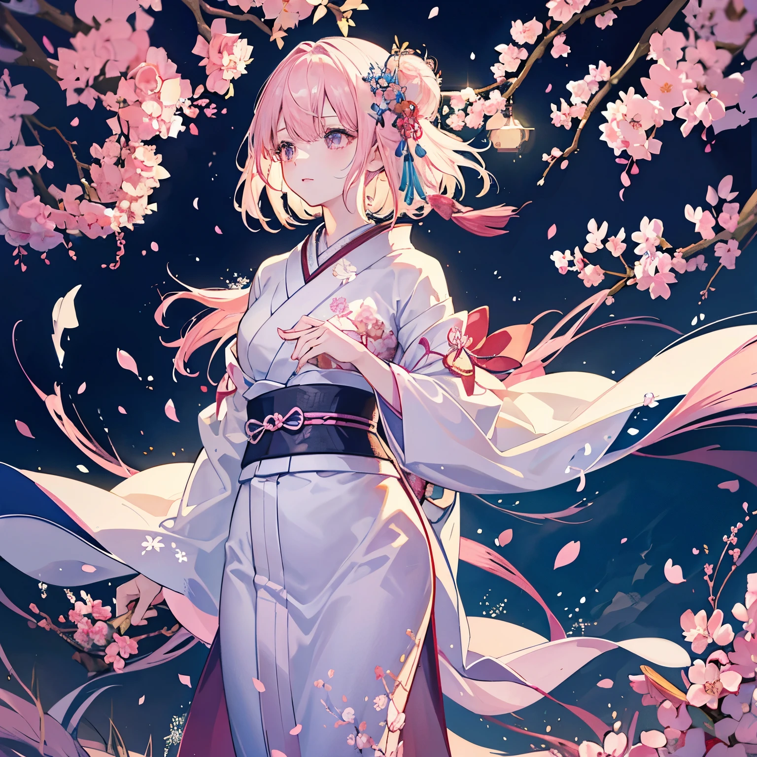 A super realistic, Highly detailed, And a 16k resolution young, Beautiful female ghost or guardian spirit. She has light pink hair and translucent skin., Wearing traditional Japanese kimono，Small cherry blossom pattern on the belt. This image captures the ethereal beauty and mystery of the world. Style inspired by sophistication, The gentle beauty of traditional Japanese art.