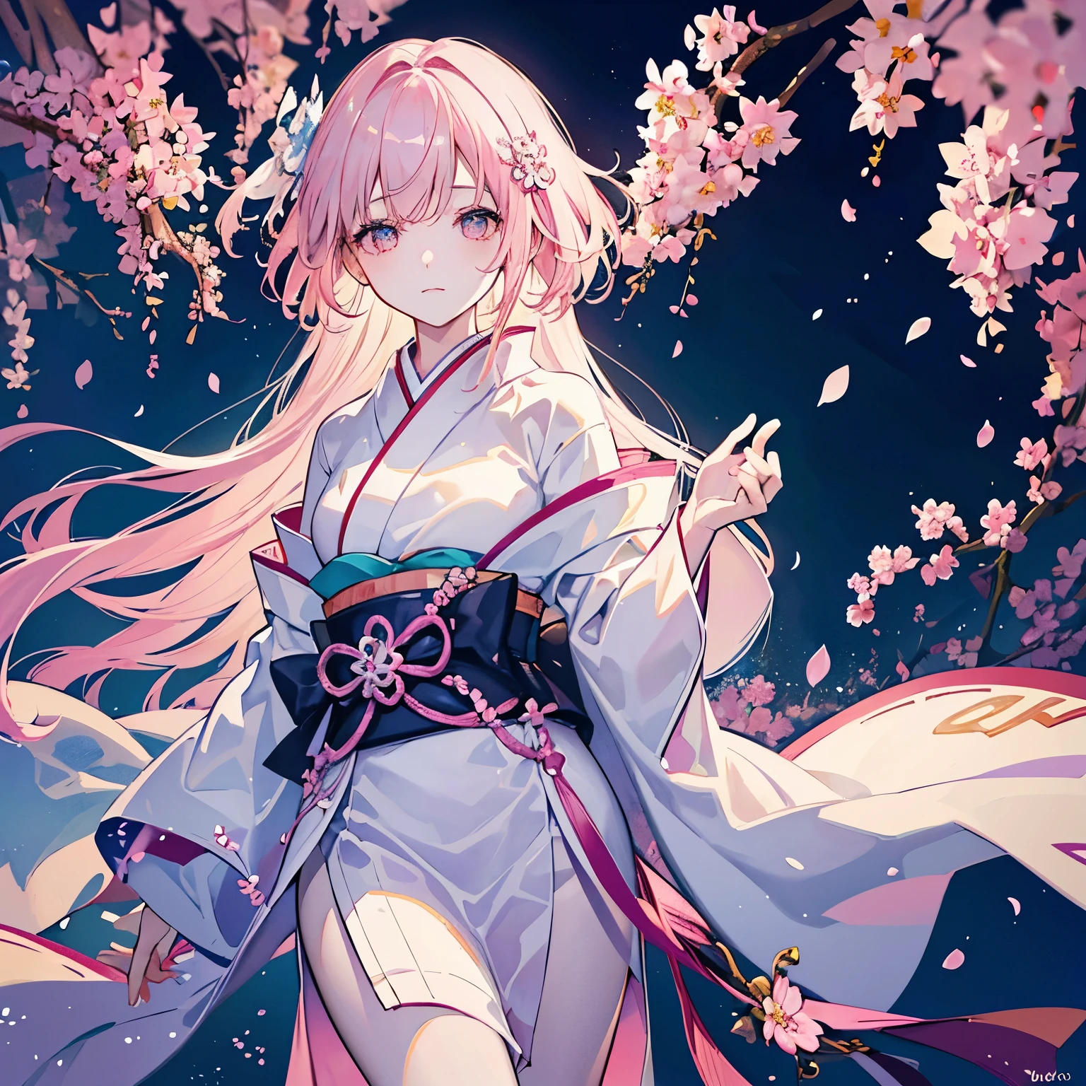 A super realistic, Highly detailed, And a 16k resolution young, Beautiful female ghost or guardian spirit. She has light pink hair and translucent skin., Wearing traditional Japanese kimono，Small cherry blossom pattern on the belt. This image captures the ethereal beauty and mystery of the world. Style inspired by sophistication, The gentle beauty of traditional Japanese art.