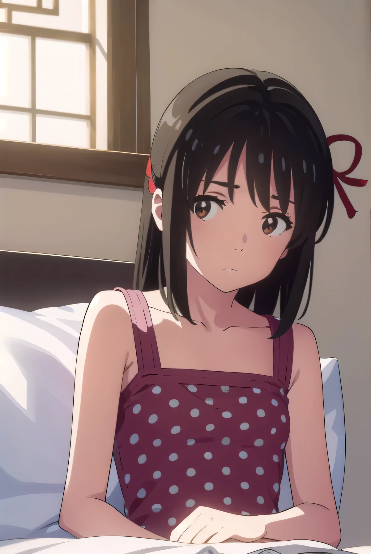 mitsuhamiyamizu, mitsuha miyamizu, black hair, (brown eyes:1.5), hair ribbon, (small breast:1.2),
BREAK bare shoulders, collarbone, dress, polka dot, (polka dot dress:1.5), sleepwear, red dress,
BREAK looking at viewer,
BREAK indoors, bed,
BREAK (masterpiece:1.2), best quality, high resolution, unity 8k wallpaper, (illustration:0.8), (beautiful detailed eyes:1.6), extremely detailed face, perfect lighting, extremely detailed CG, (perfect hands, perfect anatomy),