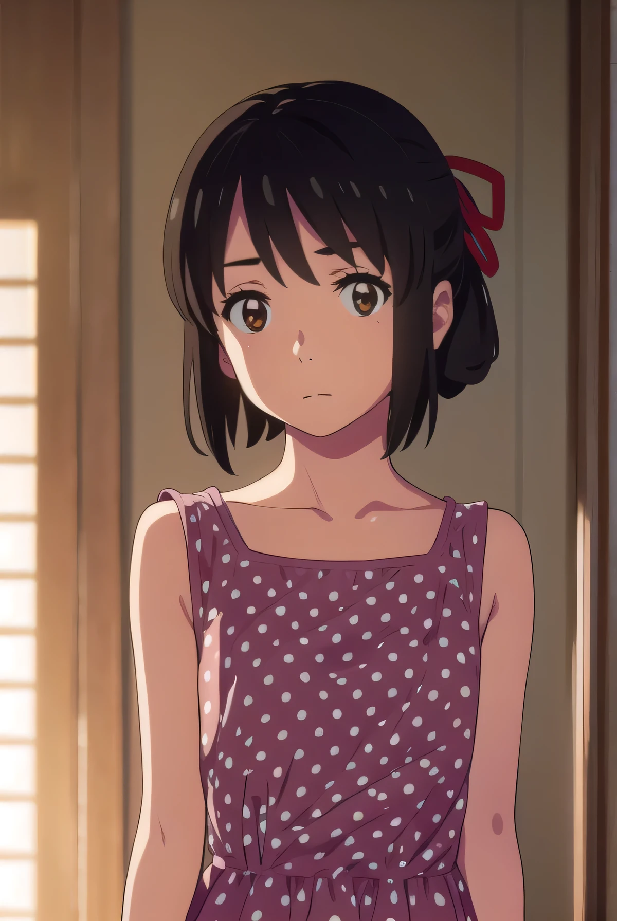 mitsuhamiyamizu, mitsuha miyamizu, black hair, (brown eyes:1.5), hair ribbon, (small breast:1.2),
BREAK bare shoulders, collarbone, dress, polka dot, (polka dot dress:1.5), sleepwear, red dress,
BREAK looking at viewer,
BREAK indoors, bed,
BREAK (masterpiece:1.2), best quality, high resolution, unity 8k wallpaper, (illustration:0.8), (beautiful detailed eyes:1.6), extremely detailed face, perfect lighting, extremely detailed CG, (perfect hands, perfect anatomy),