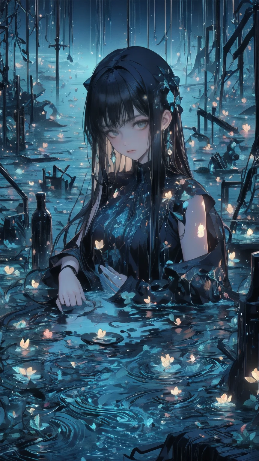 a((amazingly absurd)),超High resolution, attention to detail, high quality, High resolution, 最high quality, 4K, 8k,close,cute,((Ethereal and mysterious image)),Sunken Ruins、Girl in the water、Surrounded by bubbles、Deep blue world、Overall, a work in deep blue tones