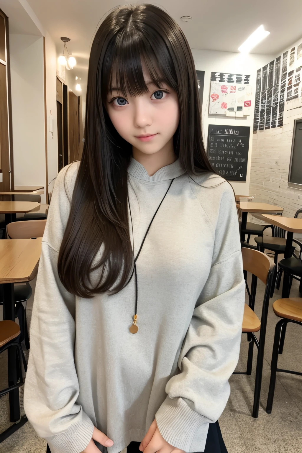 Best Quality,masterpiece,Very detailed、High resolution, Very detailed, Best Qualityのポートレート写真,Teen,Age 15,High school girl,Idol,beautiful girl, Long Hair, straight, With bangs, black髪,cute, cute, cute日本人女性、Very delicate and beautiful face, Big Eyes, Wide eyes, Check out this cafe cafe, indoor,Simple wall background,Fair-skinned girl, kind,Junior high school students,Winter clothes,Long sleeve, Loungewear, black,gray, check,cute恋人, Nipples, 18 years old,Adorable , 美しいJunior high school students, Big Eyes, 美しいHigh school girl, Selfie, Personal photo shoot,Selfieの角度,Women&#39;s Room,Idol, はにかむHigh school girl（Hmmmm）,She smiles happily at me, Natural Hair, Floral, heart