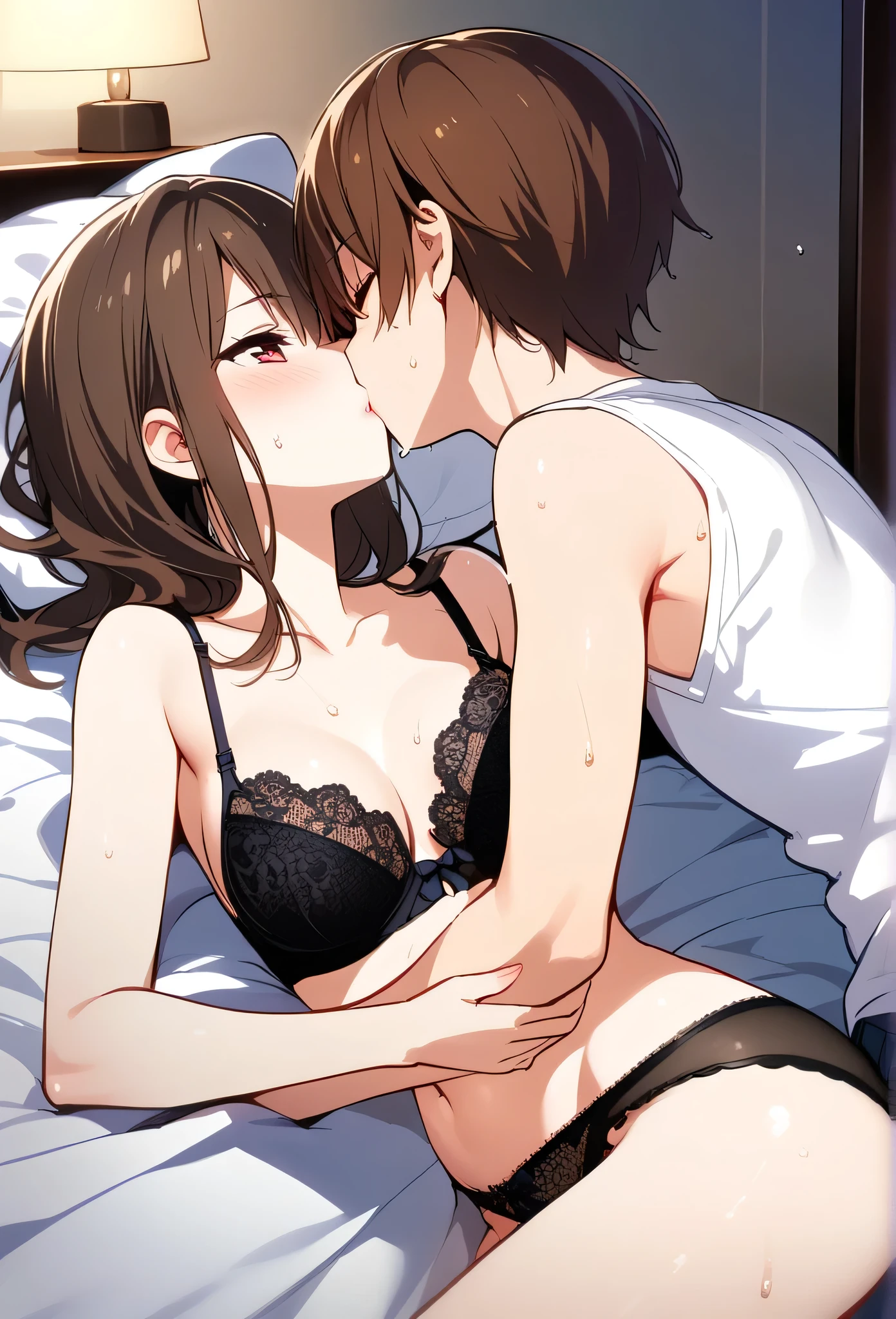 evening,Bedroom, White sheets, Shooting from the side, ((masterpiece)), ((Highest quality)), (Very detailed), beautiful girl, Kissing Scene, College student kiss, (((beautiful girlが２people々))), (Cuddling in bed), , ((Cute college student. Brown Hair)), ((close ~ eye)), Black underwear,(wet lace bra, Black lace panties), Slender body, ((Mid-chest)),(Red cheeks),Sweat, whole body, Shooting from the side