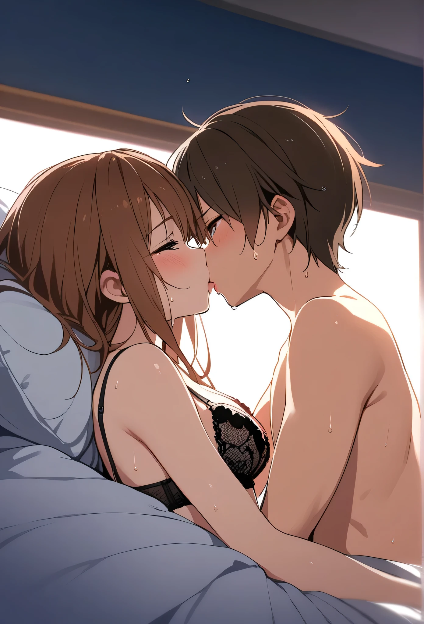 Highest quality, High resolution, masterpiece, (Beautiful Eyes), (Fine grain), Detailed face, kumiko oumae, Brown eyes, Brown Hair, short hair, Wavy Hair, smile, blush, indoor, bedroom, White bed, View your viewers, (Wide pelvis:1.5), (Big Ass), (Nipples), (Completely naked:1.5), (Sweating), (Glowing Skin), (Thick thighs), (９year  boy:1.5), (Hugging a boy:1.5), (Boy sucking breast:1.5), nsfw