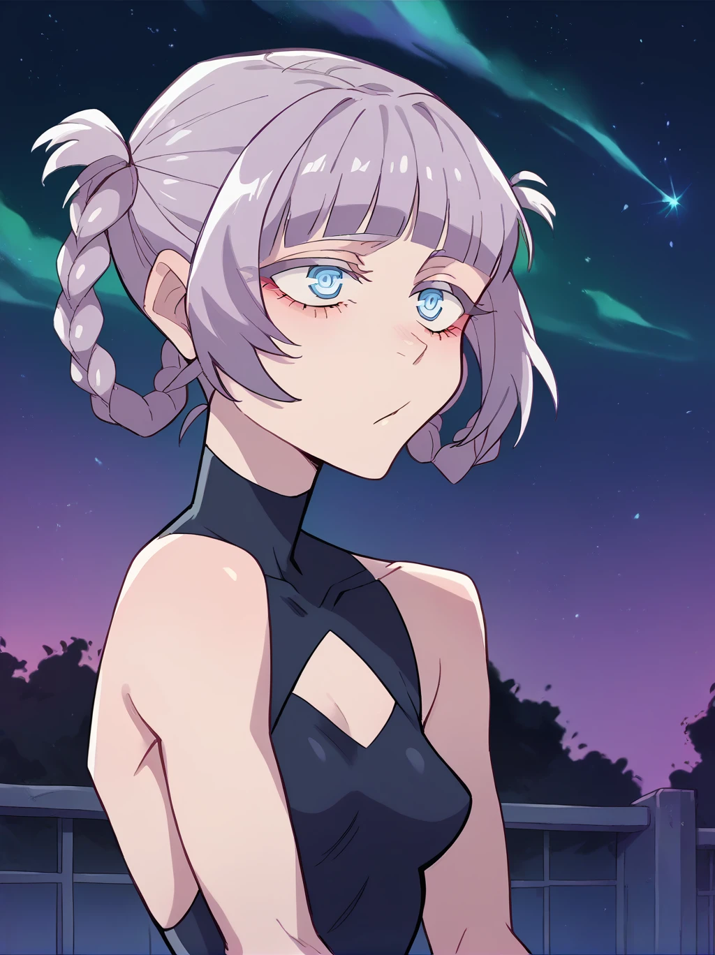 score_9, score_8_up, score_7_up, score_6_up, source_anime, 1girl, nazunaxl, purple hair, braided hair rings, short hair, hair rings, blue eyes, ringed eyes, small breasts, chilling in rooftop, purple night sky, dynamic illumination, artwork composition.