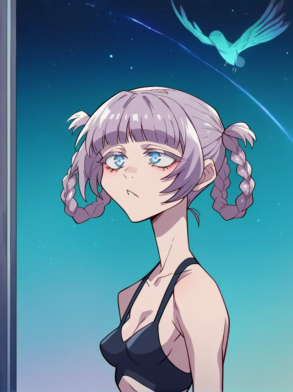 score_9, score_8_up, score_7_up, score_6_up, source_anime, 1girl, nazunaxl, purple hair, braided hair rings, short hair, hair rings, blue eyes, ringed eyes, small breasts, chilling in rooftop, purple night sky, dynamic illumination, artwork composition.