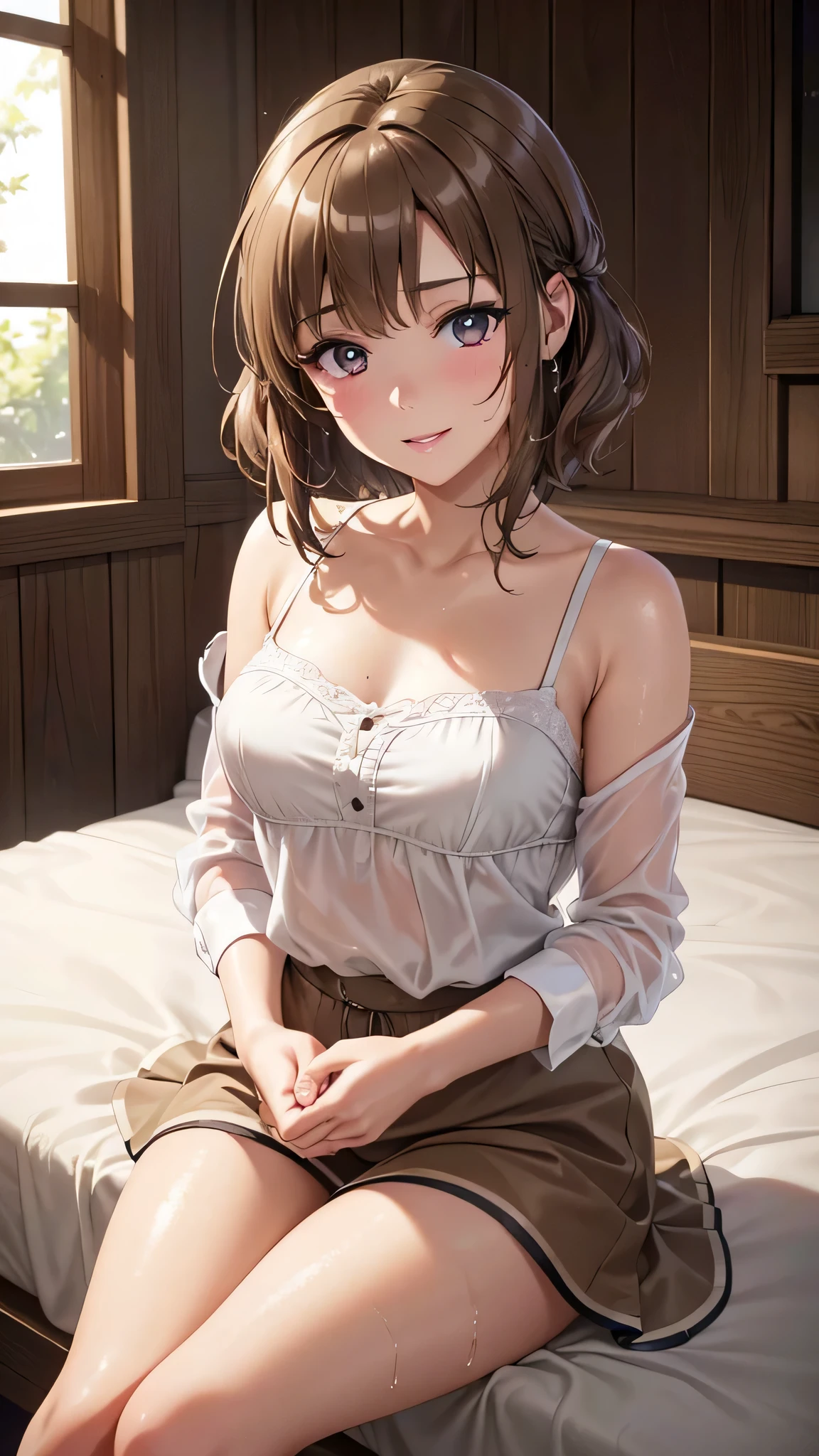 Shiny brown hair, short hair, (Beautiful brown eyes、Shining Eyes, fine grain)、smile、超Fine grain、Highly detailed face, Very Fine grain,Cowboy Shot、
((Best Quality, 8k, masterpiece: 1.3)),
Beauty, Hide your face, 1 female, beautiful: 1.3,
Camisole, Clevis,short , (Sitting on the bed),
Highly detailed face, Highly detailed lips, Fine grain, Double eyelids, wet, sheer,