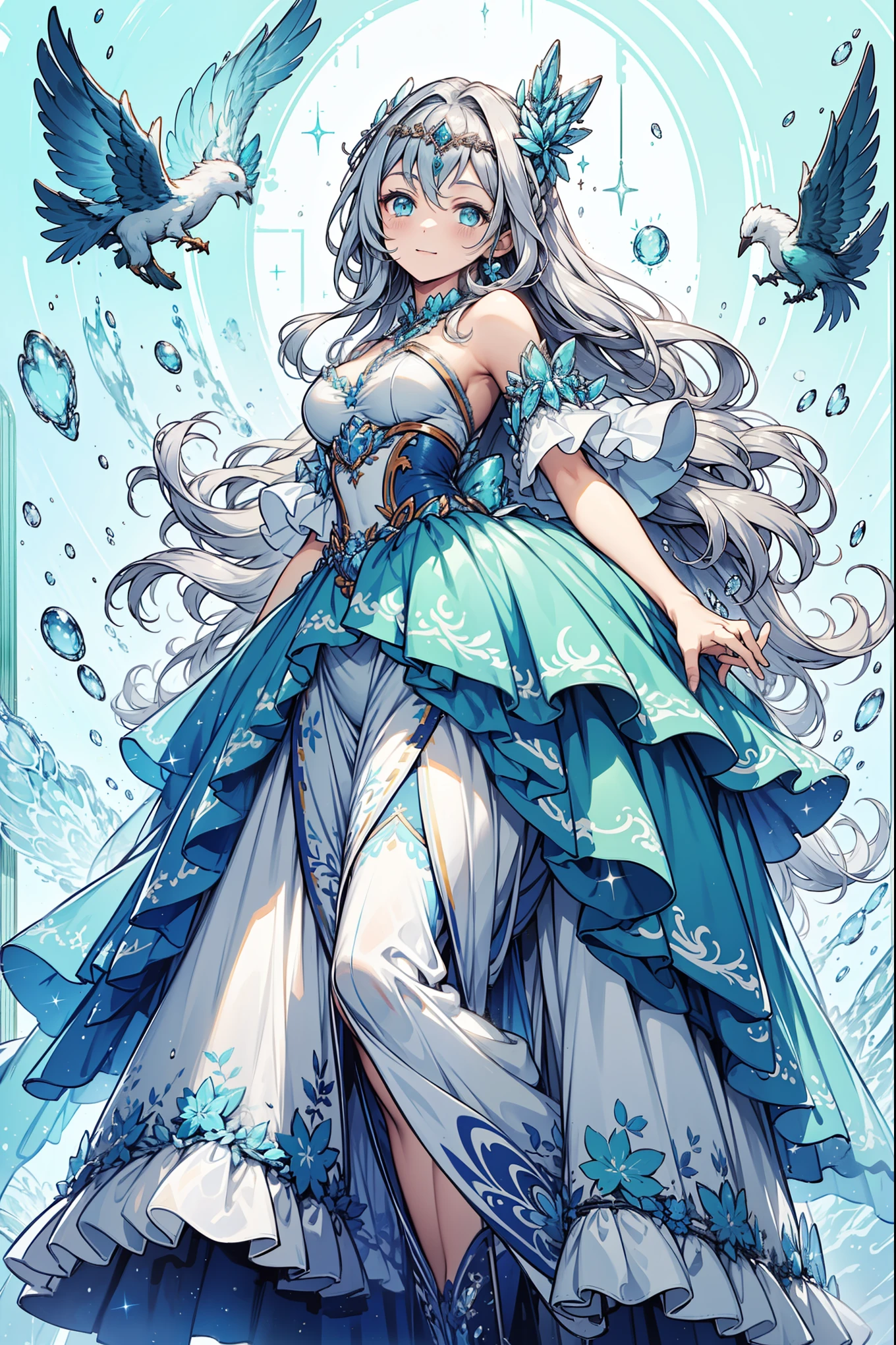 saint,Holy,have fun,El Salvador,(Teal and white semi-transparent soft skirt:1.2),Black suspender boots,(Silver Hair:1.2),Blue Eyes,(There is an ornament made of ice on the head),Light blue pattern,Light blue edge,Minimalism,Ruffles,Lace,Exquisite embroidery,Beautiful Pattern,(Dress nicely),Transparent clothes,Background is white hazy scene,The only person,Beautiful and delicate face,Posture