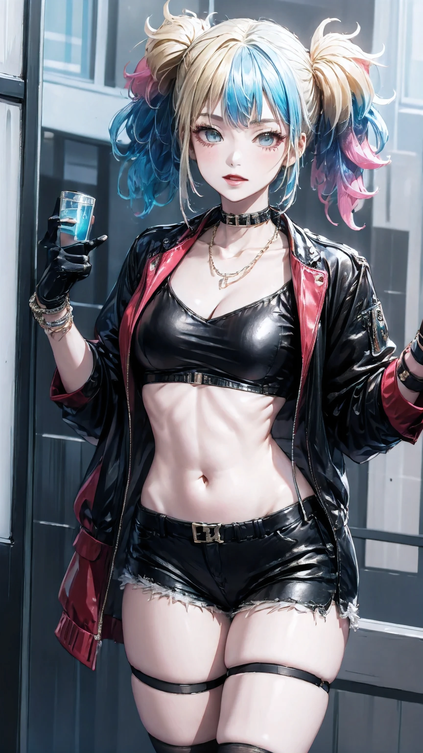 Harleyquinn, Harley Quinn, flequillo, ojos azules, cabello rubio, colas gemelas, cabello azul, cabello multicolor, gargantilla, Cabello degradado, maquillaje, penetrante, cabello rosado, labios, lipstick, labios rojos, They are smiling, sonrisa,
ROMPER muslos, Guantes, ombligo, escote, jewely, chaqueta, Ropa abierta, shorts, Guantes negros, diafragma, muslos negros, Guantes sin dedos, cuello, brazalete, Chaqueta abierta, chaqueta negra, Recortar arriba, Ropa rasgada, pantalones cortos, tatuaje, cadena, espigas, chaqueta recortada, spiked bracelet, spiked collar, Micro pantalones cortos, chaqueta multicolor, DESCANSO mirando al espectador, cuerpo completo, DESCANSO al aire libre, QUEBRAR (Obra maestra:1.2), La mejor calidad, High resolution, Unidad 8K Fondo de pantalla, (illustration:0.8), (hermosos ojos detallados:1.6), Cara extremadamente detallada, Perfect lighting, CG extremadamente detallado, (Manos perfectas, Perfect anatomy), sexy body, blush, ((huge breasts)), sexy