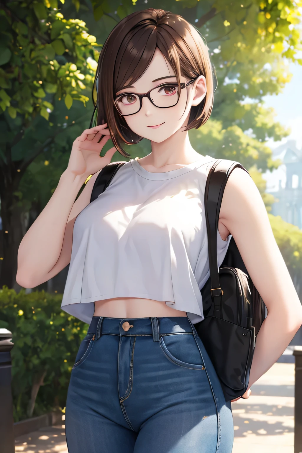 (masterpiece), best quality, detailed,Super high quality,perfect anatomy,beautiful light and shadow, ,Beautiful pale skin , perfect face, perfect eyes ,1girl, kugisaki nobara, smiling to camera, high quality, 8k digital painting, wearing white_jeans and an intricated sleeveless croptop, perfect hands, perfect fingers, SFW, college campus, scenary, black backpack, thin glasses,