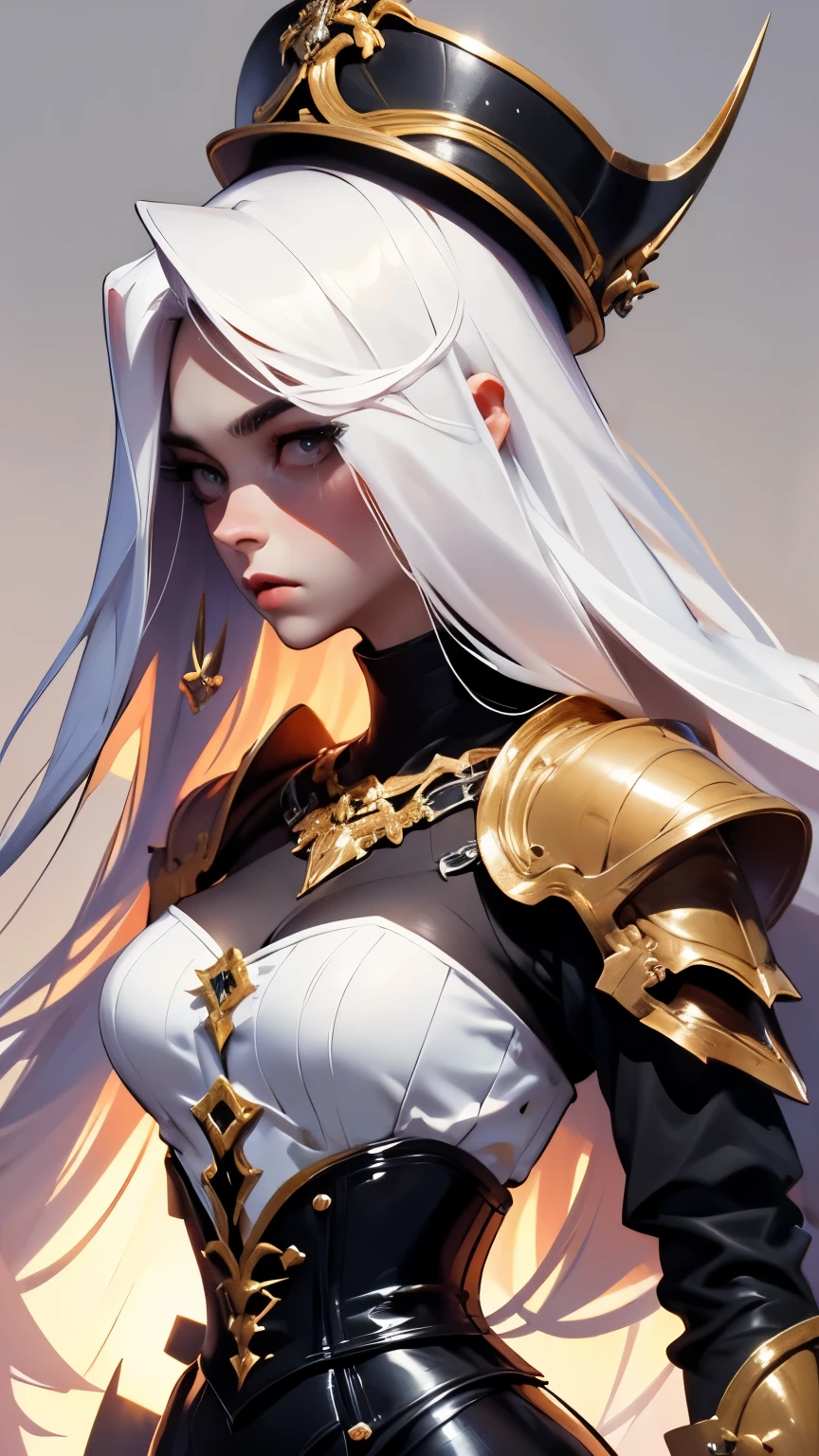 stand, full-body, (masterpiece, best quality:1.4), absurdres, highres, ultra detailed, beautiful, (perfect face, detailed face, beautiful:1.3),(natural breasts, cleavage), collarbone, fingerless gloves, jacket, strapless sheer lace corset, black pencil skirt, tight, over the knee skirt, hat, thighhighs, thick thighs, thighs, multiple belts, wear light and beauty golden armor fantasy style, More detailed 8K.motor irreal:1.4,UHD,La mejor calidad:1.4, fotorrealista:1.4, textura de la piel:1.4, obra maestra:1.8,obra-prima, mejor calidad, (detailed face features:1.3),(manos detailed)
