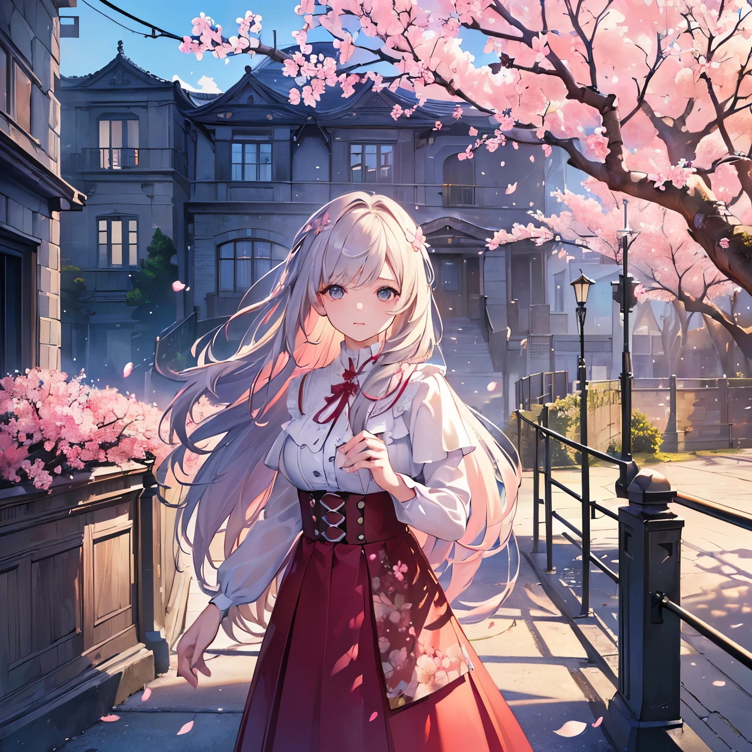 ((Ultra-realistic details.) (masterpiece, high quality, Best Quality Official Art, Beauty and aesthetics: 1.2), Very detailed, Colorful, The most detailed, Branches, architecture, Barbed Wire, Cherry blossoms, fence, Long hair, Outdoor, petal, Landscape Rain, Trees, Sky, street, 