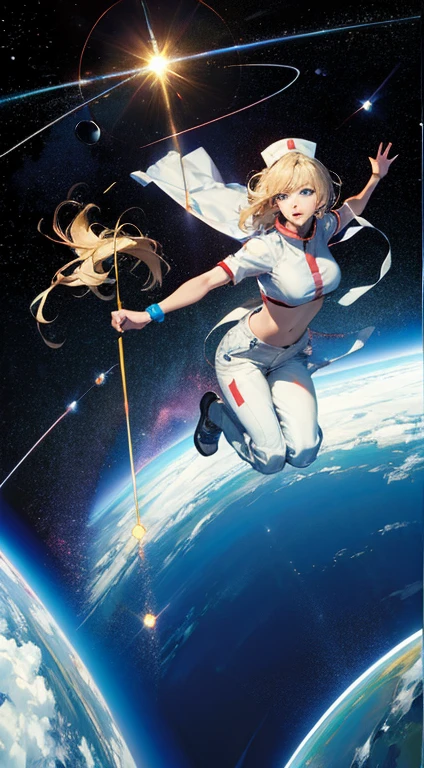 Absurd resolution, high resolution, (masterpiece:1.4), ultra-detailed, 1girl, in spacesuit, seen from above, space, floating, satellite, running pose, wide-angle lens distortion blonde, white nurse, trousers, navel, big breasts, blue eyes, room