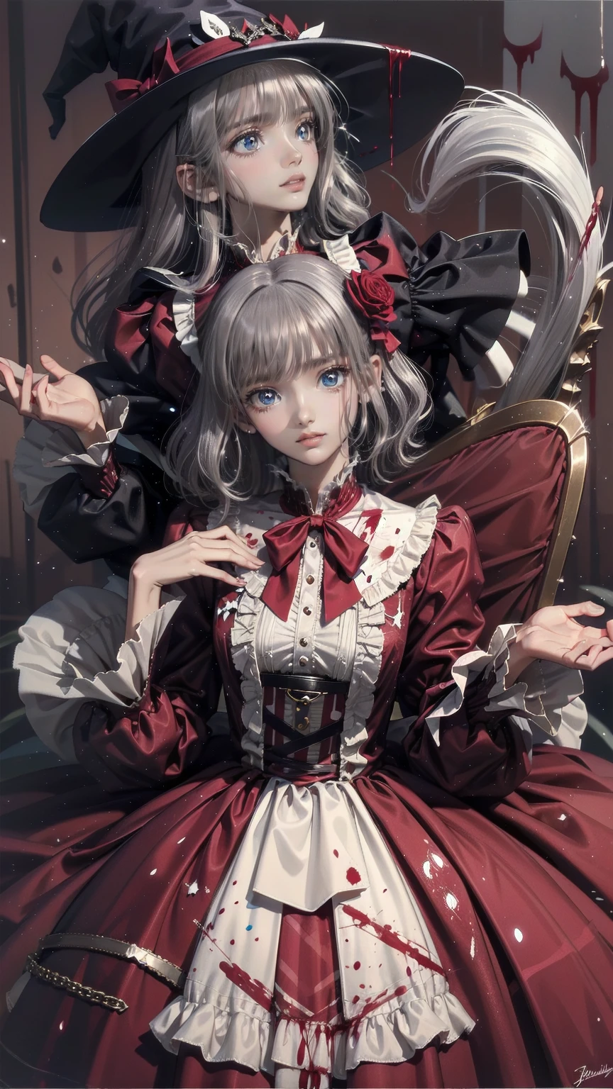 ,Multiple Girls,Frolicking Girl,Multiple women,Tea Party,Crazy Smile,Look up,Face shot,Scythe Face,Girl Monster, slave,beautiful, Detailed portrait, Gentle features, Sharp Eye, Sharp Fangs, Pale skin, Thick Chain, Dark Background, Cinema Lighting, Dramatic Shadows, Gothic style, Gloomy atmosphere, Dark fantasy, One Girl, , Open your mouth wide, Open your mouth and bar your teeth,Sharp teeth like a beast, Wide lips, Very wide mouth, Red cheeks, ,(Blood splatter:1.3),Scary face, Laughter　Witch design, Twisted Smile、Bloody、Blood coming out of the head,、Blood splatter、,(Blood splatter:1.3),Crossbones, skull,　, Horror Style, ((fantasy witch costume)), ((White hair fluttering)), ,(Blood splatter:1.3),Female Curves, Large Breasts, Thick thighs, Sexy flat stomach, Perfect hands, Perfect anime face, ((Darkta Dress)), Standing, ((Wicked Smile)), ,(Blood splatter:1.3),Victorian city, Gas lamp, Steam circulation, Moonlight Illumination, night lighting, A sky filled with stars and galaxies,disaster々New Devil Horns,,(Blood splatter:1.3),アニメゾンビWitch design, Twisted Smile、Bloody、Blood coming out of the head,、Blood splatter、,(Blood splatter:1.3),Crossbones, skull,
