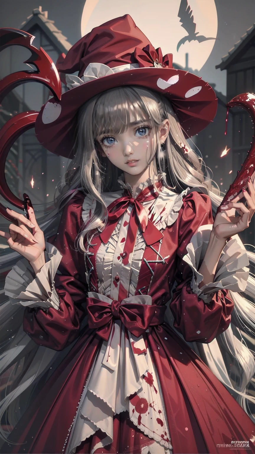 ,Multiple Girls,Frolicking Girl,Multiple women,Tea Party,Crazy Smile,Look up,Face shot,Scythe Face,Girl Monster, slave,beautiful, Detailed portrait, Gentle features, Sharp Eye, Sharp Fangs, Pale skin, Thick Chain, Dark Background, Cinema Lighting, Dramatic Shadows, Gothic style, Gloomy atmosphere, Dark fantasy, One Girl, , Open your mouth wide, Open your mouth and bar your teeth,Sharp teeth like a beast, Wide lips, Very wide mouth, Red cheeks, ,(Blood splatter:1.3),Scary face, Laughter　Witch design, Twisted Smile、Bloody、Blood coming out of the head,、Blood splatter、,(Blood splatter:1.3),Crossbones, skull,　, Horror Style, ((fantasy witch costume)), ((White hair fluttering)), ,(Blood splatter:1.3),Female Curves, Large Breasts, Thick thighs, Sexy flat stomach, Perfect hands, Perfect anime face, ((Darkta Dress)), Standing, ((Wicked Smile)), ,(Blood splatter:1.3),Victorian city, Gas lamp, Steam circulation, Moonlight Illumination, night lighting, A sky filled with stars and galaxies,disaster々New Devil Horns,,(Blood splatter:1.3),アニメゾンビWitch design, Twisted Smile、Bloody、Blood coming out of the head,、Blood splatter、,(Blood splatter:1.3),Crossbones, skull,
