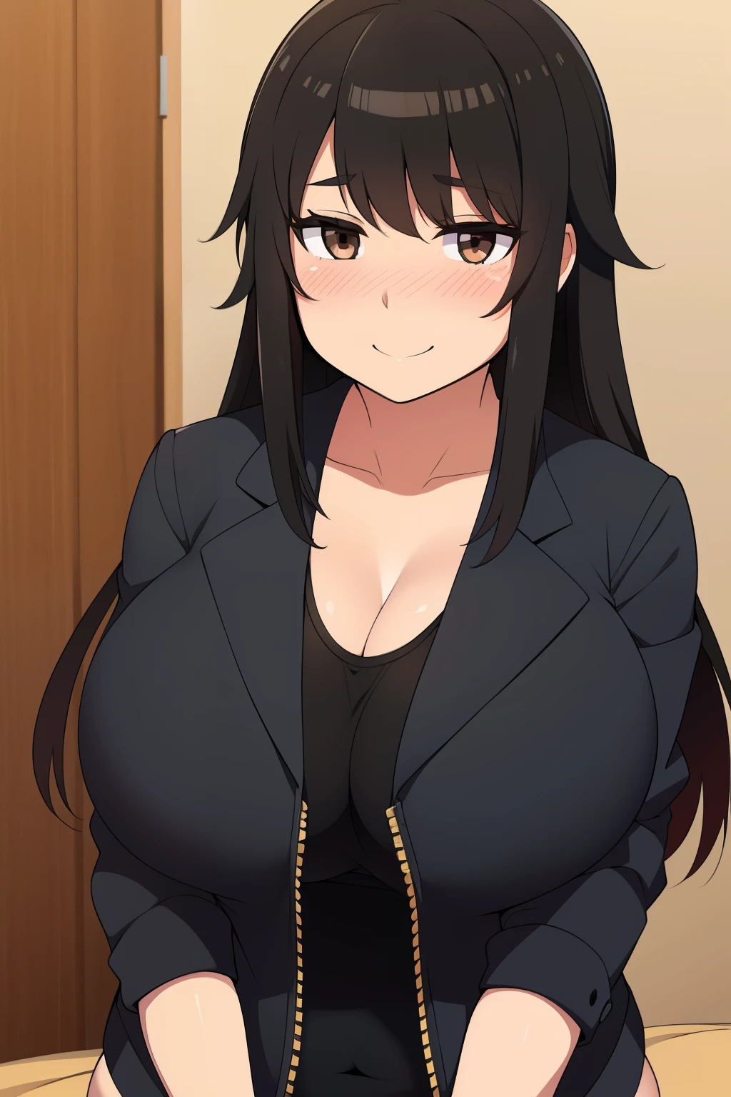 Chubby big boobs black hair brown eyes happy long messy hair blushing smile deredere black jacket