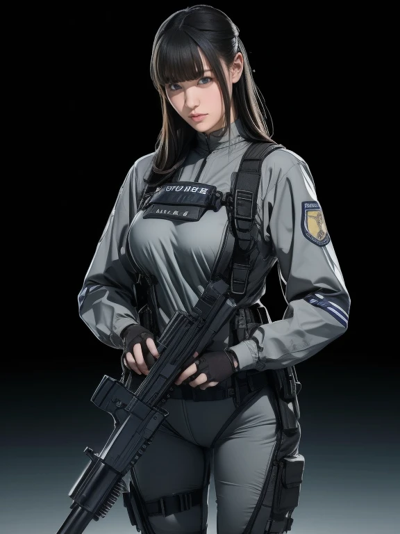 Please redeem、Amazing details、Ultra-high resolution、（realism：1.4）、（（close：0.75））、One woman is very condensed、Beautiful and delicate face、Perfect proportions、Narrow your target audience、Large Breasts）、Brown Hair、（Purple Tech Suit）、（Cyborg Vs.. Police uniform、、、Black and grey mech、Military Harness、RPG-7、Hitch Tech Flamethrower Tank Transport）、The background is a simple gray wall、