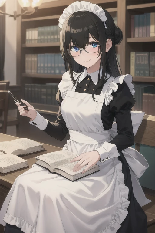 sagisawa fumika, One girl, Glasses, Maid, Alone, Booksshelf, blue eyes, Eyes between the hair, Black Hair, Alternative costume, Maid headdress, apron, enMaided, smile, Juliet Sleeve, dress, Long sleeve, Puff sleeves, Glassesをかけた, Watching the audience, Books, Maid apron, single Hair Bun, chest, library, white apron, Hair Bun, indoor, , brooch, frills, black dress, official Alternative costume, large chest, Long Hair, Side Lock, 丸いGlasses