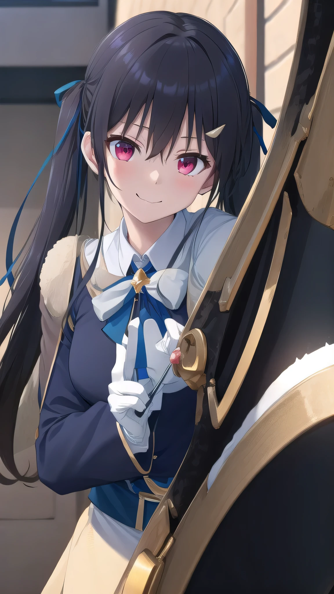 Anime girl with long black hair and pink eyes holding a sword - SeaArt AI