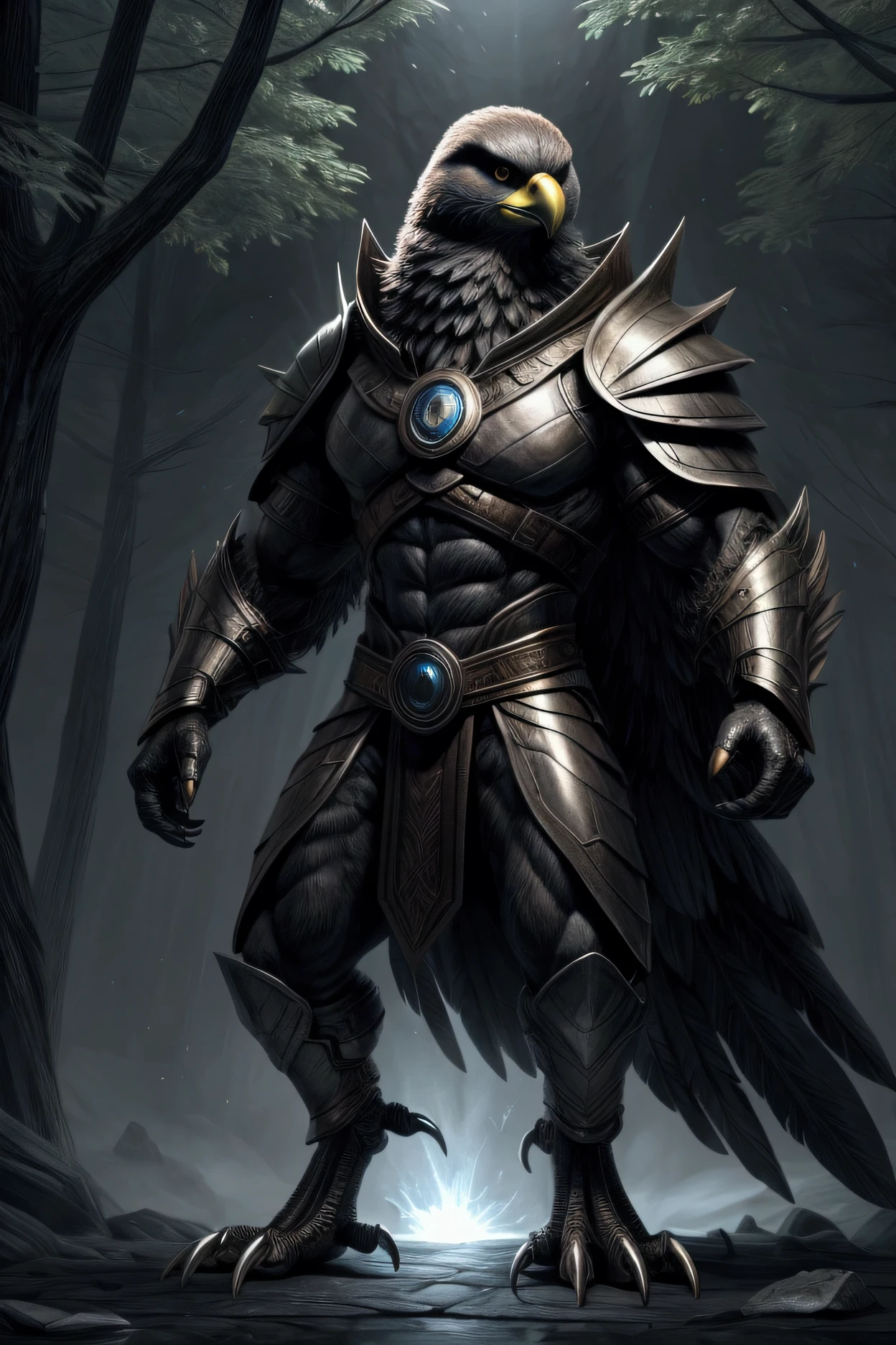 Create a character of a muscular, humanoid falcon that is intimidating and fearsome. Imagine its dark, almost metallic feathers reflecting light in a threatening way. Its piercing eyes shine with an intense glow, as if reading souls. The long, sharp talons are always poised to strike. It wears armor made of feathers and metal that accentuates its impressive physique. Its presence is menacing, and its cry echoes like a warning through dark forests. What kind of story or setting do you envision for this character?