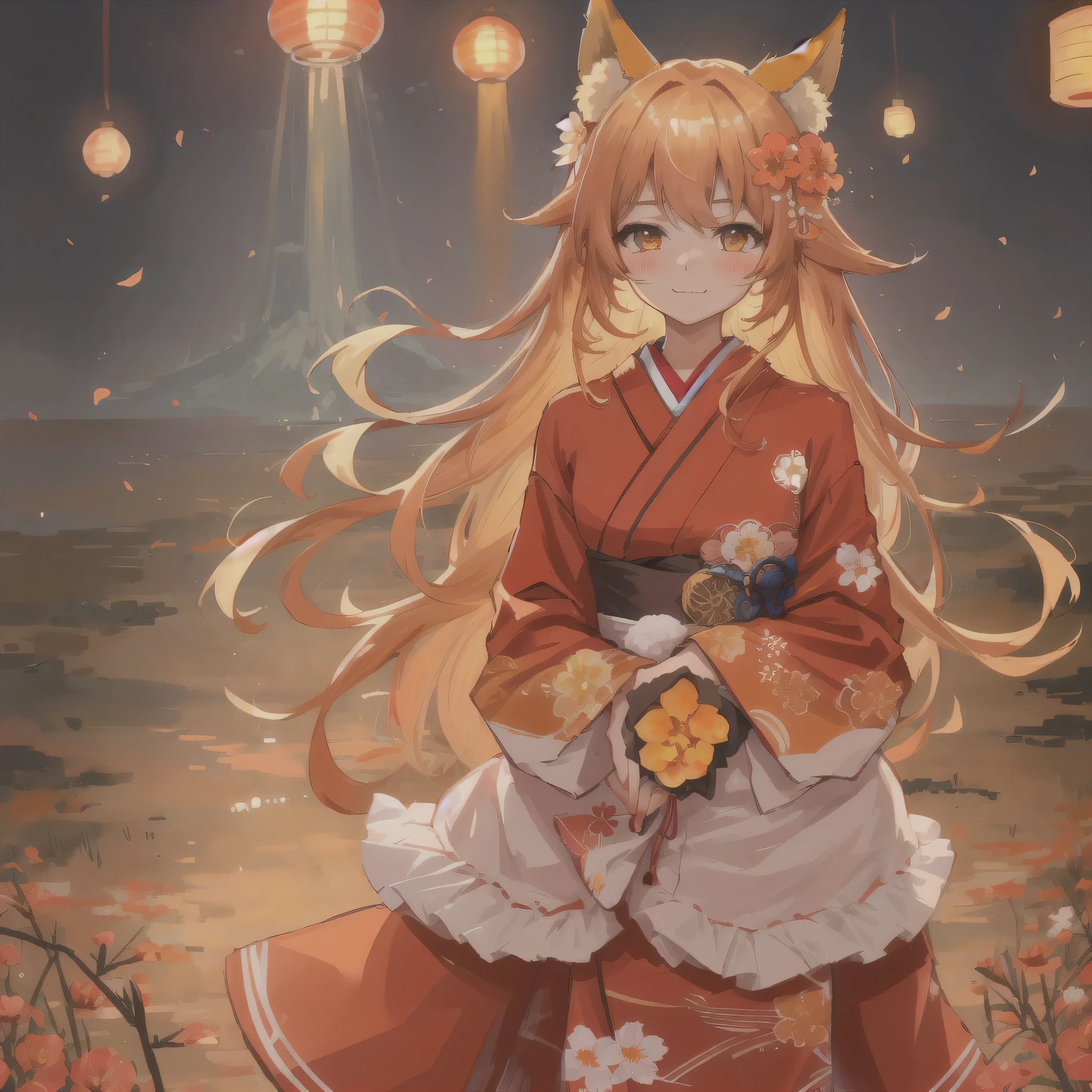 masterpiece, best quality, highly detailed, 1girl, solo, (:3:1.1), animal ear fluff, animal ears, orange hair, fluffy hair, blush, brown eyes, flower, fox ears, fox girl, gradient, gradient background, hair flower, hair ornament, japanese clothes, kimono, looking at viewer, miko, smile, solo, white kimono, beautiful lighting, (Alena Aenami:1.3)