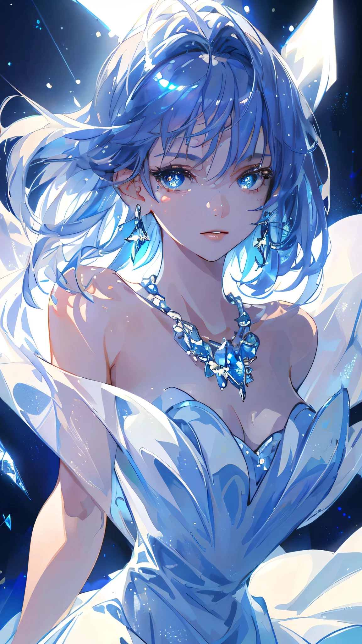 masterpiece, best quality, illustration, sax blue, platinum earrings, platinum necklace, white dress, 1girl, cute, (dynamic lighting:1.2), cinematic lighting, delicate facial features, detailed eyes, sharp pupils, realistic pupils, depth of field, bokeh, sharp focus, (hyper-detailed, bloom, glow:1.4), many small gems