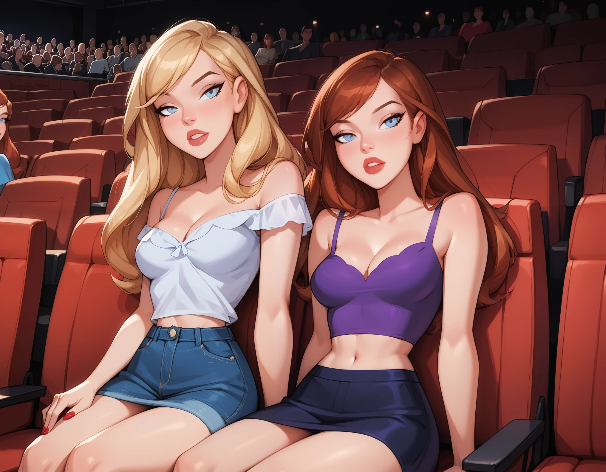 score_9, score_8_up, score_7_up, dcaustyle, source_cartoon, 2girls, duo, (Kara Zor-El, blonde:1.3) and (Barbara Gordon, reddish brown hair:1.2), wearing sexy casual skirt and top, bare arms, bare shoulders, cleavage, midriff, flirt, gaze, sexy look, half-closed eyes, head tilt, filled lips, thick lips, makeup, in a (movie theater, cinema, large crowd, no empty seats:1.4), sitting next to one another enjoying the movie, drinks, romantic date, in love, expressiveh d4rk01l, perfect hands, perfect proportions, POV.