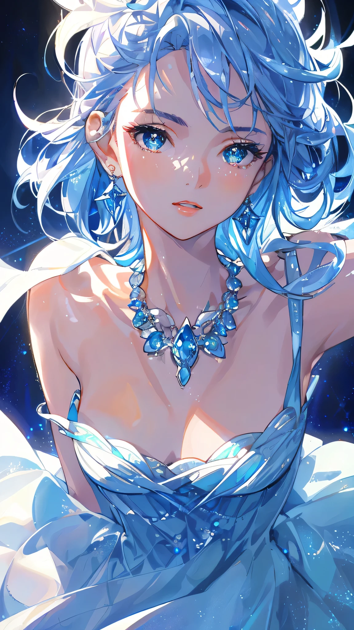 masterpiece, best quality, illustration, sax blue, platinum earrings, platinum necklace, white dress, 1girl, cute, (dynamic lighting:1.2), cinematic lighting, delicate facial features, detailed eyes, sharp pupils, realistic pupils, depth of field, bokeh, sharp focus, (hyper-detailed, bloom, glow:1.4), many small gems