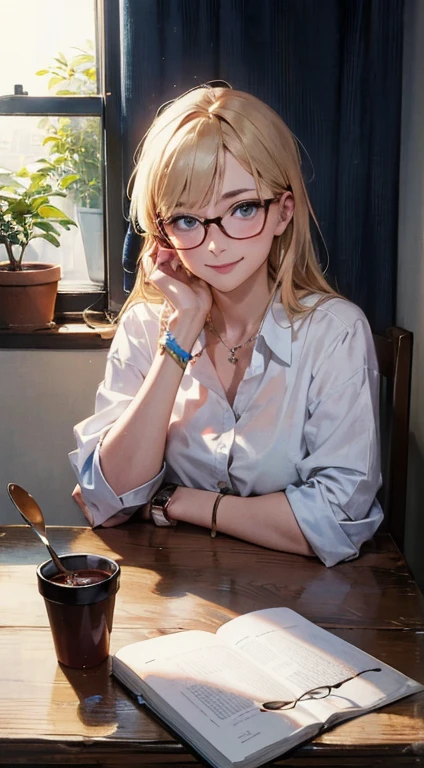 (8k, RAW photo:1.2), detailed face and eyes,最high quality, 超A high resolution, very detailed ,intricate details ,table top ,pretty girl , soft movie-like light, hyper detail,sharp focus, high quality, blonde hair, bob cut, Breasts out,zettai ryouiki, Highly exposed，mini skirt, panties on, Glasses, NSFW, Cafe,