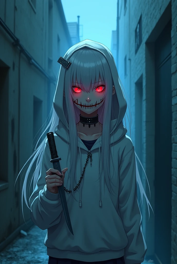 Vaggie, 1girl, gray skin, white hair, pink sclera, yellow pupils, long hair, white dress, pink and white striped stockings, hair bow, black ribbon on waist, long gloves, perfect anatomy, solo, zombies, ((multiple boys)), ((crowd)), glowing eyes, undead, ((horror)), blood, zombie apocalypse, ruined city