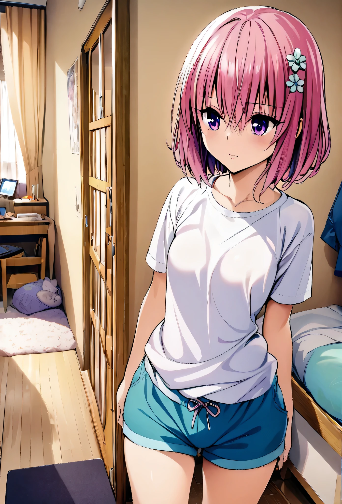One girl, momo beria deviluke,pink short hair,purple eyes,floral hair accessory,shirt,shorts,room,masterpiece, best quality, absurdres,