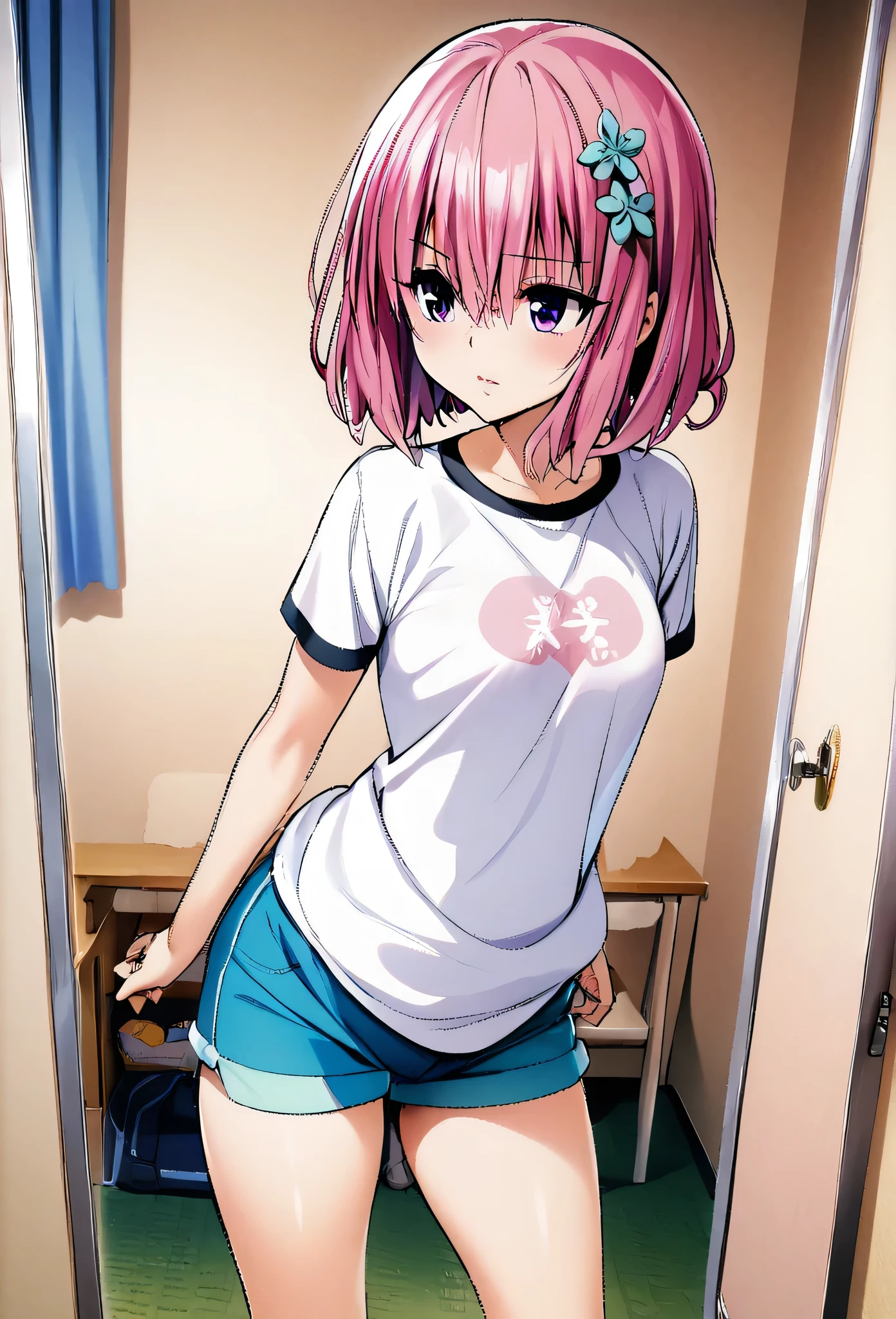 One girl, momo beria deviluke,pink short hair,purple eyes,floral hair accessory,shirt,shorts,room,masterpiece, best quality, absurdres,