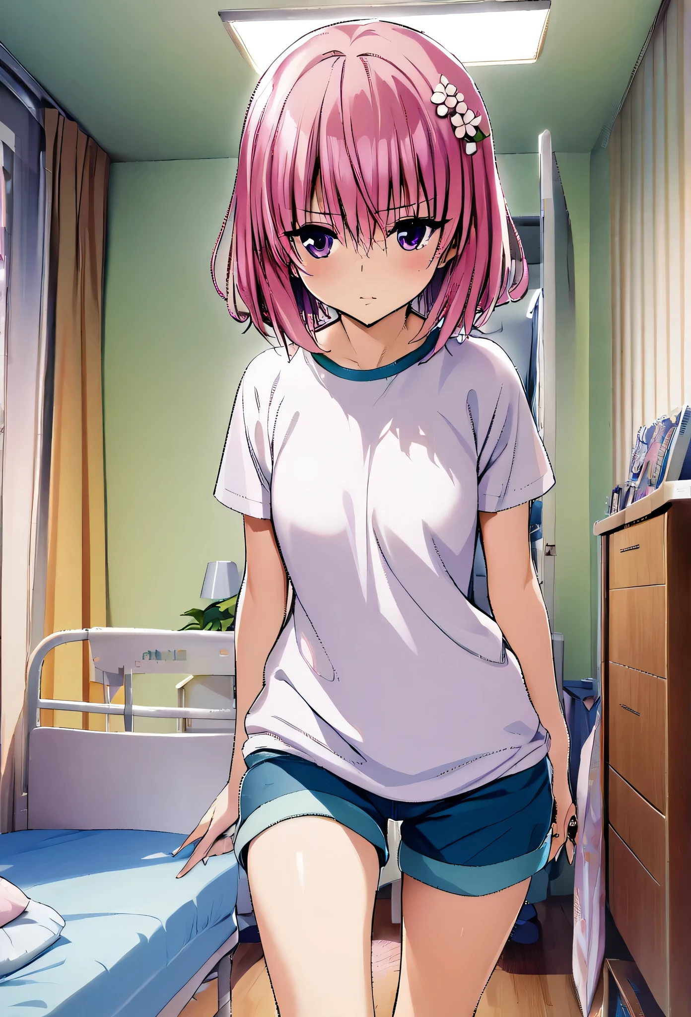 One girl, momo beria deviluke,pink short hair,purple eyes,floral hair accessory,shirt,shorts,room,masterpiece, best quality, absurdres,