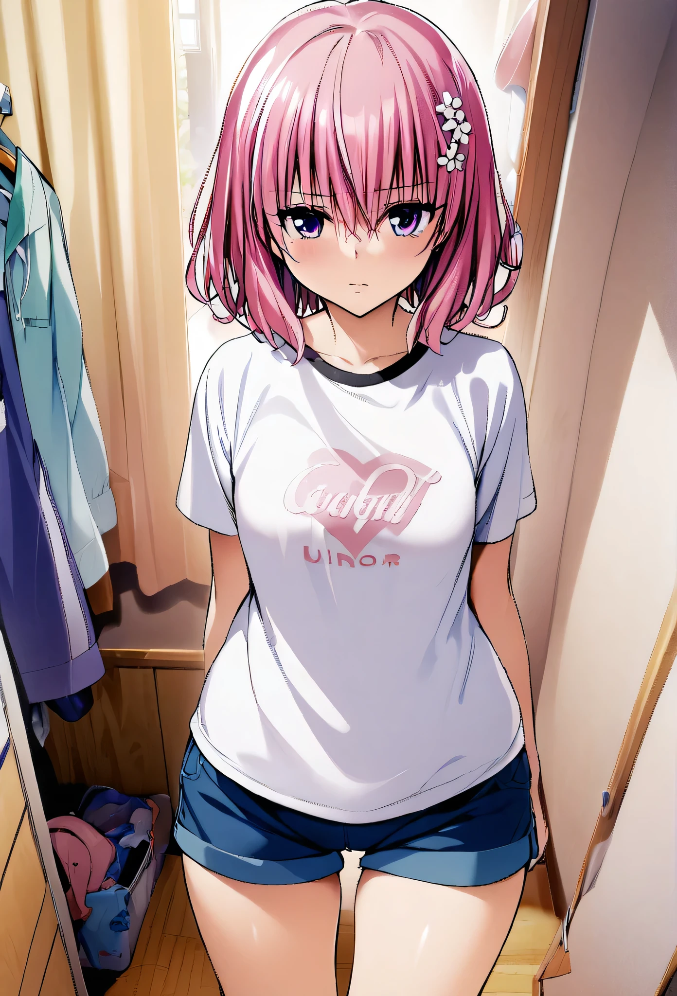 One girl, momo beria deviluke,pink short hair,purple eyes,floral hair accessory,shirt,shorts,room,masterpiece, best quality, absurdres,