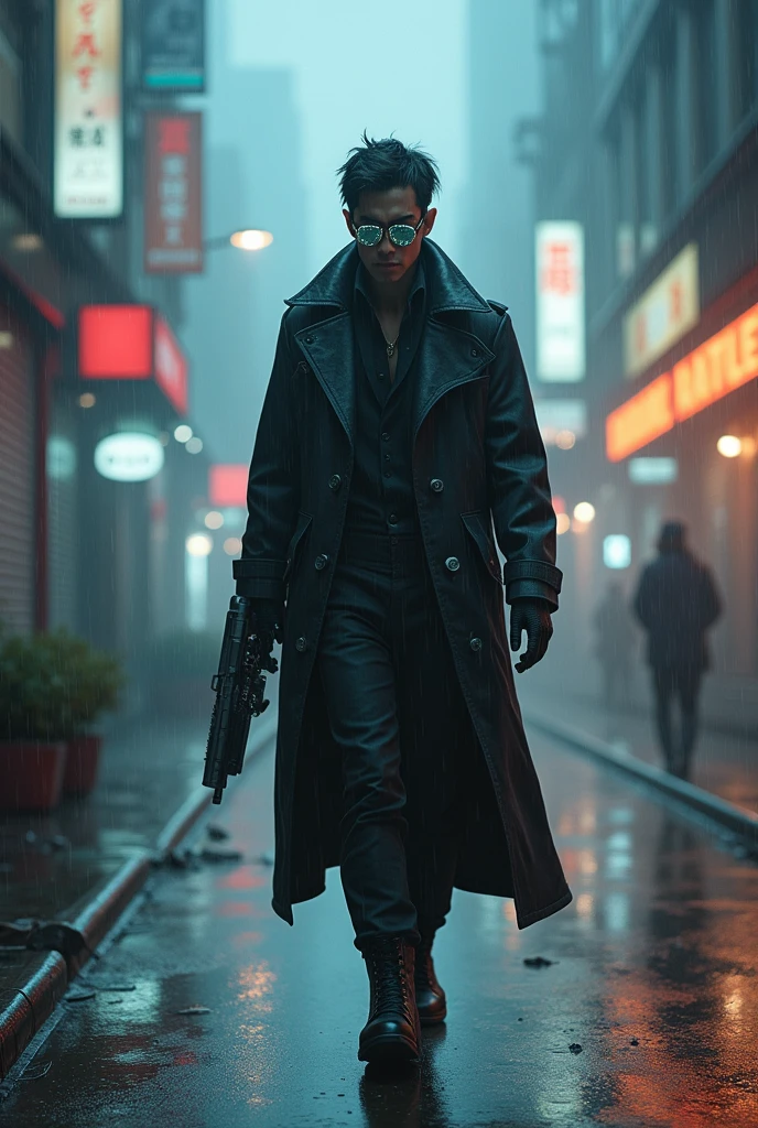 cyberpunk detective in futuristic city, fog and early morning light, sleek trench coat with embedded tech, augmented reality glasses analyzing surroundings, futuristic sidearm with intricate engravings, rain-soaked pavement with discarded tech and glowing ads, suspenseful and tense atmosphere, best quality,4k,8k,highres,masterpiece:1.2,ultra-detailed,realistic,photorealistic,photo-realistic:1.37,HDR,UHD,studio lighting,ultra-fine painting,sharp focus,physically-based rendering,extreme detail description,professional,vivid colors,bokeh,cyberpunk,science fiction,dark,moody