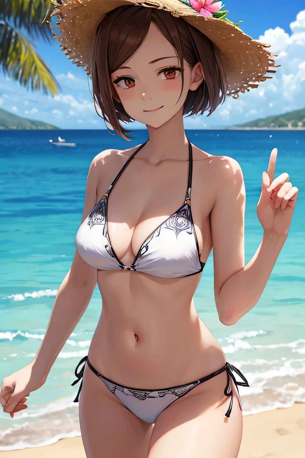 (masterpiece), best quality, detailed,Super high quality,perfect anatomy,beautiful light and shadow, ,Beautiful pale skin , perfect face, perfect eyes ,1girl, kugisaki nobara, smiling to camera, high quality, 8k digital painting, wearing an intricated bicolor bikini at spring break, perfect hands, perfect fingers, SFW, mexican beach, scenary, sunglasses,
