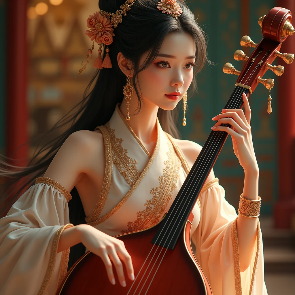 a close up of a woman holding a violin ( tradisional Chinese)on a street, chinese style, Detail of a round, plump, solid chest, visible cleavage, full body xianxia, queen of the sea mu yanling, white hanfu, style of guo hua, traditional chinese, hanfu, yanjun chengt, xintong chen, inspired by Huang Ji, li zixin, inspired by Tang Yifen, inspired by Zhang Yin