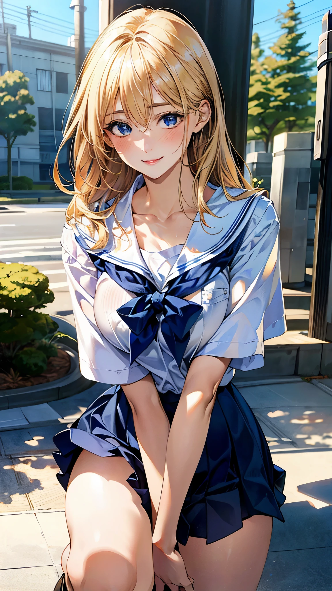 (masterpiece:1.3, Highest quality, Ultra-high resolution, Very detailed), (Realistic, photoRealistic:1.4), Beautiful illustrations, Perfect lighting, Natural light, colorful, Written boundary depth, NFSW,
View your viewers, 1 Girl, Japanese, high school girl, Perfect Face, Cute and symmetrical face, Shiny skin, Sunburned skin,
(Twin tails:1.5, Blonde), Hair between the eyes, blue eyes, (Large Breasts, seductive Thighs, Big Ass), Thighs, sum,
Beautiful Hair, Beautiful Face, Beautiful attention to detail, Beautiful clavicle, Beautiful body, Beautiful breasts, 美しいThighs, Beautiful feet, Beautiful fingers,
(Beautiful views), (Sexy pose), (Captivating smile,), (School uniform),(loose socks)