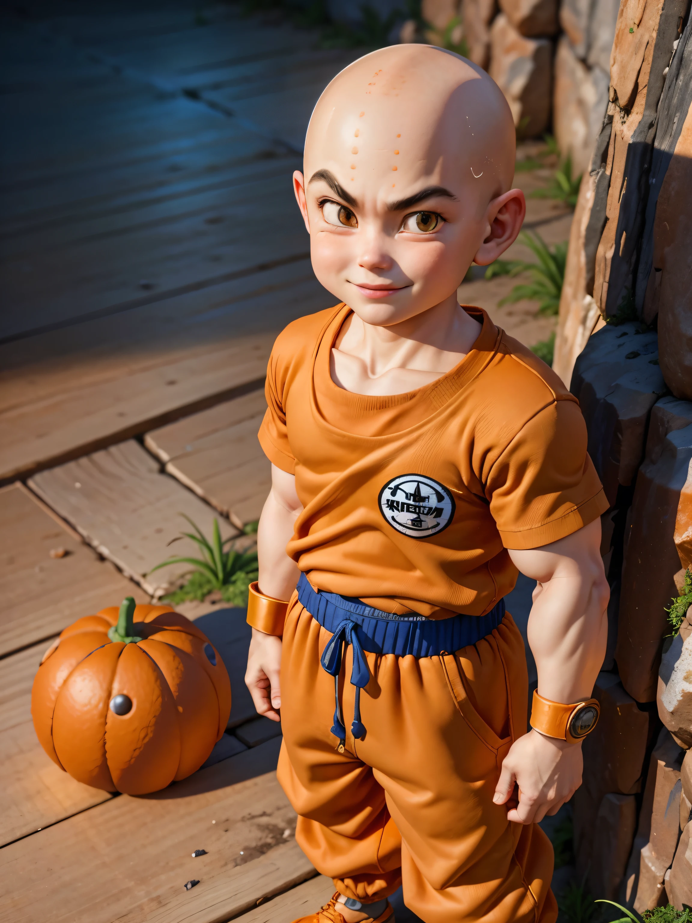 (the highest quality:1.2, masterpiece:1.2), ultra high resolution, professional lighting, cinematic lighting, 8k wallpaper, (In detail), ultra realistic & detailed portrait of Krillin, a boy, Alone,  (CALVO), Iris, ((Orange clothes, Dogs are running, Orange long pants)), mark on the head, no nose, no sclera, rocky steppe, patch, blue bracelet, legal, Standing, outdoor, (((He is small & very short))), smile,