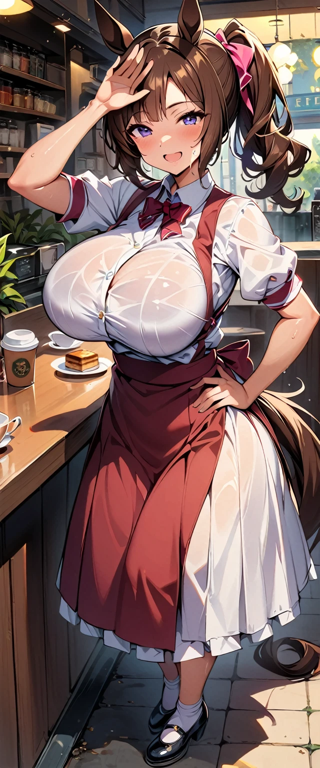 masterpiece, best quality, high resolution, extremely detailed, detailed background, cinematic lighting, 1girl, waitress, maid's headdress, maid's bikini, apron, ruffles, panties, skirt lift, restaurant, interior, sweat, blush, embarrassed, heavy breathing, smoking body, between breasts, excited, big breasts