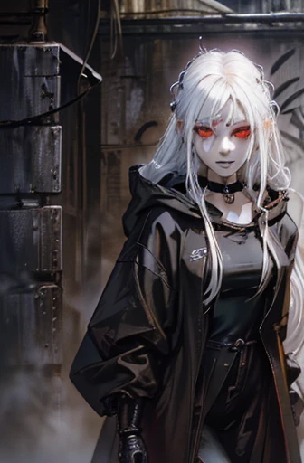 A creepy anime-style character with long white hair and glowing red eyes, standing in a dark urban alley. She has pale skin, with stitched scars around her mouth and neck, creating a disturbing, eerie look. She wears a white hoodie with the hood partially covering her face, and a black choker with metal details around her neck. In her hand, she holds a sharp knife, her expression is a sinister smile. The background is a cold, industrial alley, with blue lighting casting shadows on the walls, adding to the unsettling atmosphere. The image should be in high resolution with a 2:3 aspect ratio, capturing every detail of the character and the environment in a dark, dramatic tone.