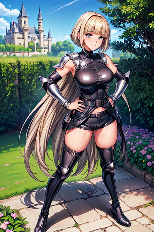 A girl is posing for a photo, animeのcute***,  ((One Girl)), ((baby face:1.4)), ((cute:1.5)), 
break 

((Sleeveless high neck black rubber suit top)), ((Silver Shoulder Pad:1.2)), ((Black rubber shorts)), ((A brown leather belt that fits snugly around the waist:1.2)), ((Black rubber arm covers)), ((Silver Gauntlets:1.4)), ((Silver knee pads)), ((Black thigh-high boots:1.3)), 
((Glamorous gold bracelet)),
break 

((Blonde:1.2)), ((blunt bangs:1.4)), ((Very Short Hair) : Very short back hair:1.5 + Neat, straight hair), 
((Droopy eyes:1.4, Big Eyes:1.2), blue eyes),   
break 

((noon, Sunshine, Fantasy World, Garden in the castle, blue sky)), 
((smile, blush, Embarrassed)), 
((Hands on hips、Stand with your feet shoulder-width apart、Full of confidence、Standing strong)), 
((Angle from the front), (Character Focus), ((full body))), 
break 

(Slim figure), (Symmetrical facial features), 
(Detailed Hair), (Beautiful Hair), (Shiny Hair), 
(double eyelid), (Long eyelashes), ((Thin eyebrows)), 
(Detailed eyes), (Beautiful Eyes),  
(Human Ear), 
(Beautiful Nose), (Thin Nose), 
(Glossy lips), (Beautiful Lips), (Thick lips), 
break 

(((Best Quality)), ((masterpiece:1.3)), ((Very detailed))), ((Ultra-high resolution)), ((16k)), ((1080P)), ((Full HD)), 
(Anatomically correct), (Realistic), (3DCG), (oil), 
((comics, anime)), (CG illustration), (RAW Photos), 
