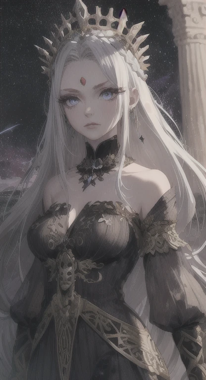 A stunning neo-Victorian cosmic cannibal, her ethereal beauty contrasting with the macabre nature of her existence: porcelain skin adorned with delicate lace, opalescent eyes glazed with hunger, and tendrils of swirling galaxies woven into her flowing midnight hair. This intricate portrait is a mesmerizing gouache painting, meticulously detailed and expertly rendered, capturing every nuanced feature with breathtaking precision. The juxtaposition of elegance and horror is masterfully portrayed, inviting viewers to delve into the haunting narrative of a celestial being consumed by her own darkness.