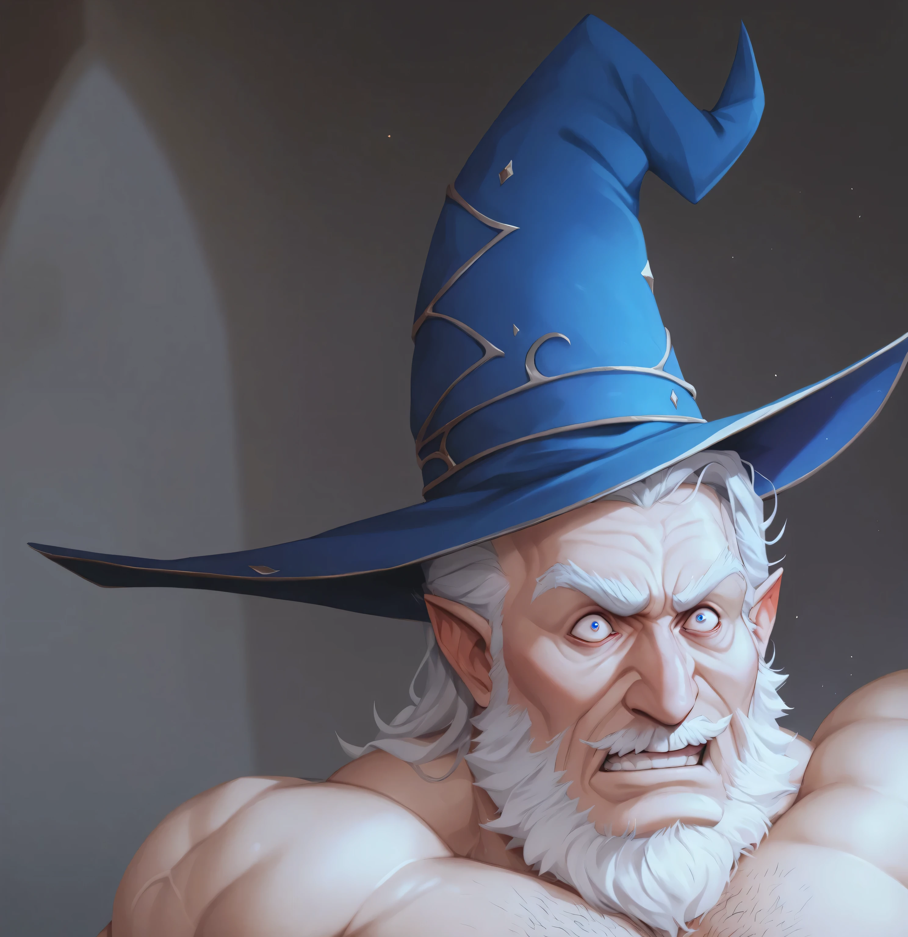 score_9, score_8_up, score_7_up, score_6_up, score_5_up, score_4_up, line art, 1 shirtless wizard, old man, rugged handsome older man, long white and silver hair, , wearing tall pointy wizard hat, detailed muscles, he is looking up, terrified wide eyed expression, high angle shot,, hd, DSLR,