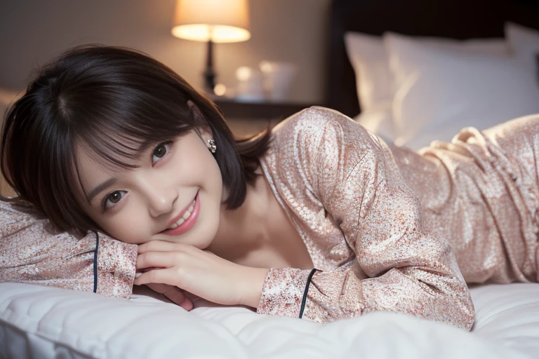 (shoulder-length straight short black hair:0.9),（Extremely meticulous CG 8k wallpaper），（Extremely refined and beautiful），（Masterpiece），（best qualtiy:1.0），（Ultra High Resolution:1.0),beautiful light up，Perfect lightning,realistic shaded，[A high resolution],(Smooth and flawless fair skin:1.5),(shiny skin:1.5),Extremely exquisite facial details，ultra - detailed,A  girl,small head,dawn,dim light,Close Shot,at home,in bedroom,(lying flat on back in bed:1.3),Iron railing bed head,(laughing:1.3),top down overhead camera perspective，small face,（perfect body:1.1）,small breasts，flat chest，slim,collar,(orange pajama shirt:1.5),(femal orgasmic:1.5),(blush:1.3),ahegao,cowboy shot,portrait